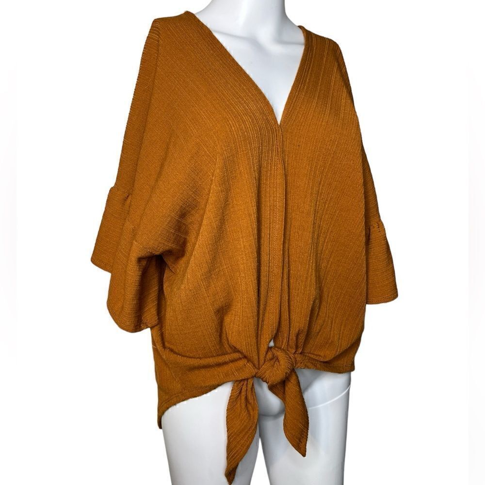 Impressions Textured Boho Ruffle Sleeve Front tie Top Brown Size Large